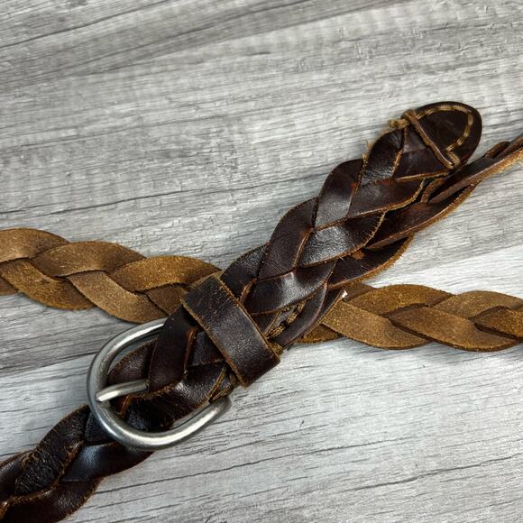 Y2K Brown Distressed Leather Woven Braided O-Ring Belt - Picture 7 of 8
